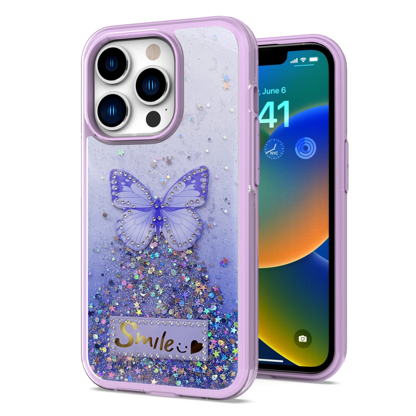 For Apple iPhone 13 /Pro Max Butterfly Smile Glitter Bling Sparkle Epoxy Glittering Shining Hybrid Hard PC TPU Silicone Slim  Phone Case Cover