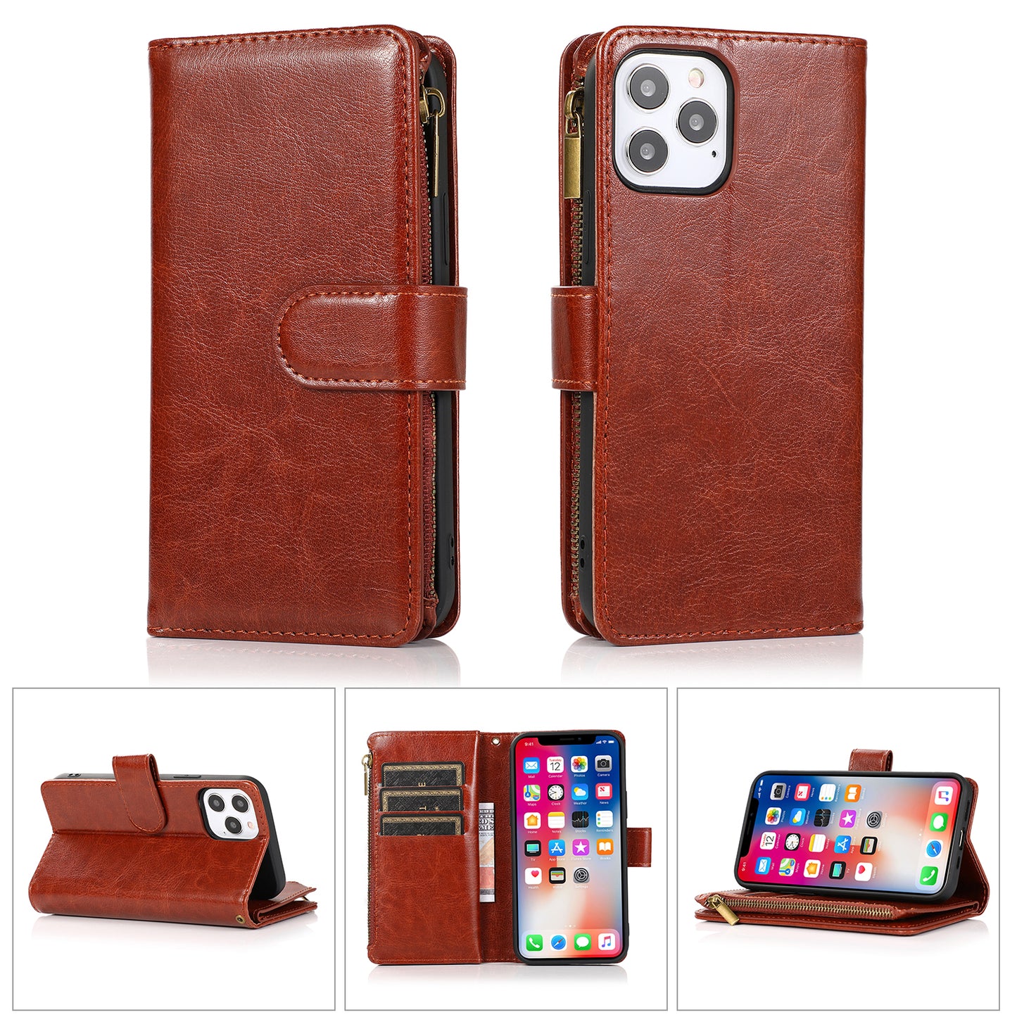 For OnePlus 10T 5G PU Leather Zipper Wallet Case 9 Credit Card Slots Cash Money Pocket Clutch Pouch Stand & Strap Brown Phone Case Cover