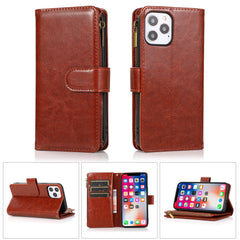 For OnePlus 10T 5G PU Leather Zipper Wallet Case 9 Credit Card Slots Cash Money Pocket Clutch Pouch Stand & Strap Brown Phone Case Cover