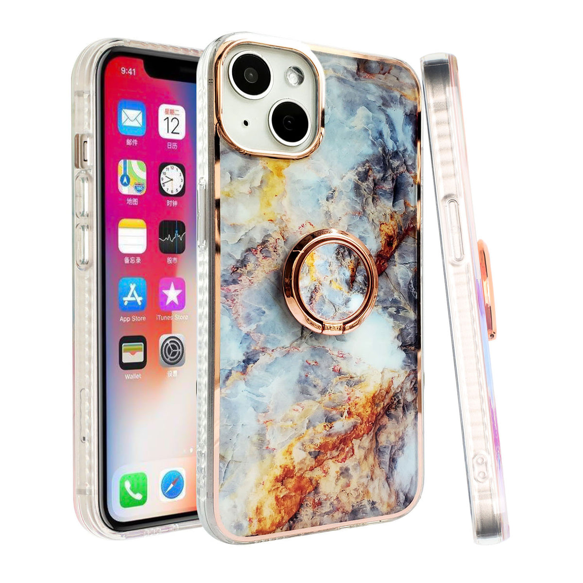 For Apple iPhone 14 Pro (6.1") Pattern Fashion Design Chromed Edge IMD with Ring Kickstand Hybrid TPU Hard Back  Phone Case Cover