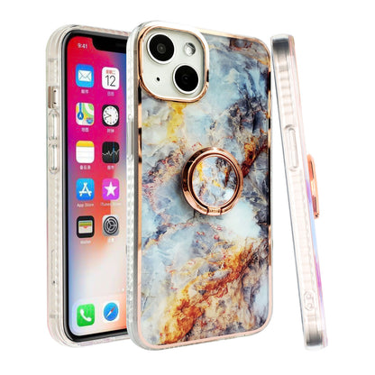 For Apple iPhone 14 Pro (6.1") Pattern Fashion Design Chromed Edge IMD with Ring Kickstand Hybrid TPU Hard Back  Phone Case Cover