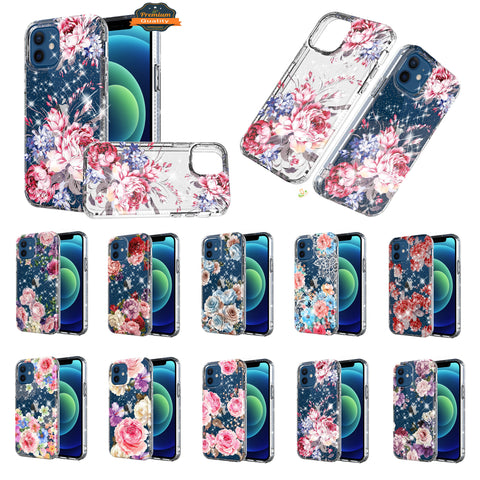 For Apple iPhone 12 / Pro Max Slim Hybrid Shiny Glitter Clear Floral Pattern Bloom Flower Design TPU Gel Hard PC Back  Phone Case Cover