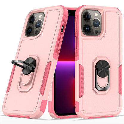 For Apple iPhone 14 Pro (6.1") Hybrid Rugged Hard Drop-Proof 3 Layer Protection Military Grade Armor Metal Ring Stand Pink Phone Case Cover