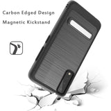 For Apple iPhone 13 (6.1") Slim Brushed Hybrid Shock-Absorption Armor Edged Carbon Fiber with Metal Kickstand Rugged Texture  Phone Case Cover