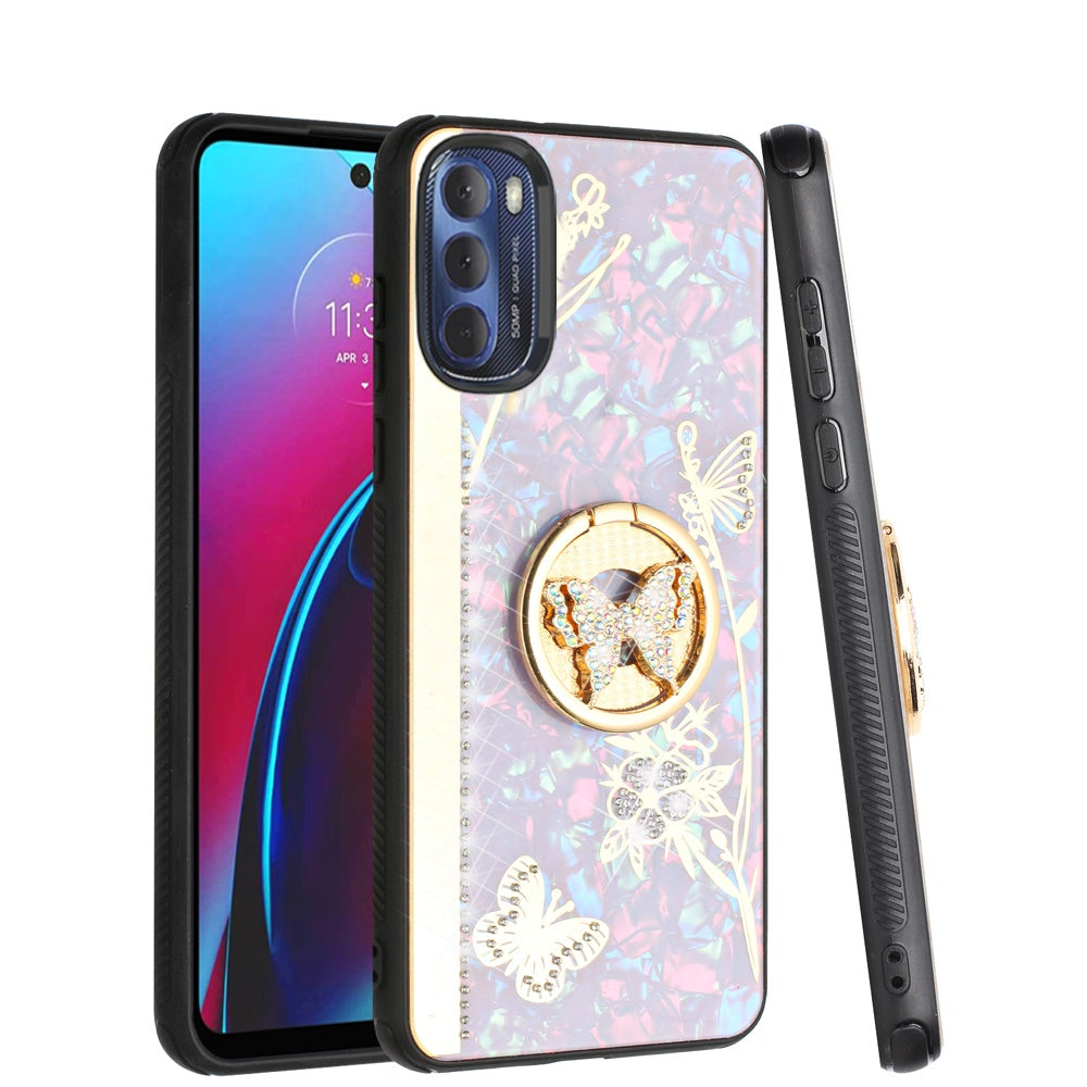 For Motorola Moto G Stylus 4G 2022 Diamond Bling Sparkly 3D Ornaments Engraving Hybrid Ring Stand Holder Fashion  Phone Case Cover