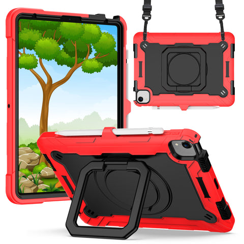 Case for Apple iPad Air 4 / iPad Air 5 / iPad Pro (11 inch) Tough Hybrid Armor 3in1 with 360 Degree Rotating Kickstand & Shoulder Strap Shockproof Red / Black Tablet Cover