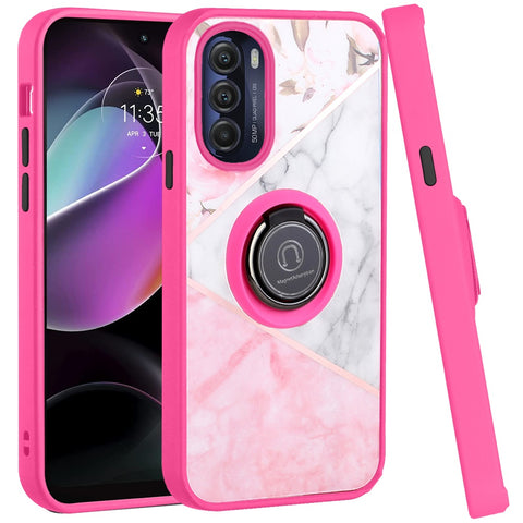 For Motorola Moto G 5G 2022 Marble Design with Magnetic Ring Kickstand Holder Hybrid TPU Hard PC Shockproof Armor Elegant Pink Phone Case Cover