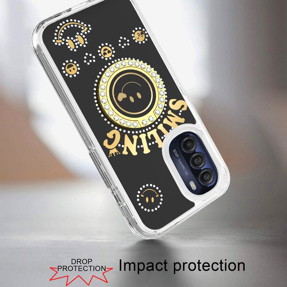 For Apple iPhone 14 /Plus Pro Max Smiling Glitter Ornament Bling Sparkle with Ring Stand Hybrid TPU + Hard Back Shell  Phone Case Cover