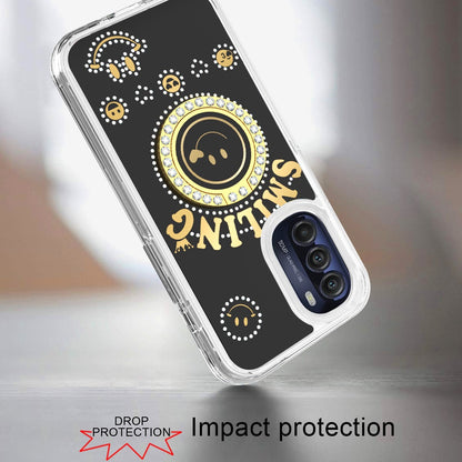 For Apple iPhone 14 /Plus Pro Max Smiling Glitter Ornament Bling Sparkle with Ring Stand Hybrid TPU + Hard Back Shell  Phone Case Cover