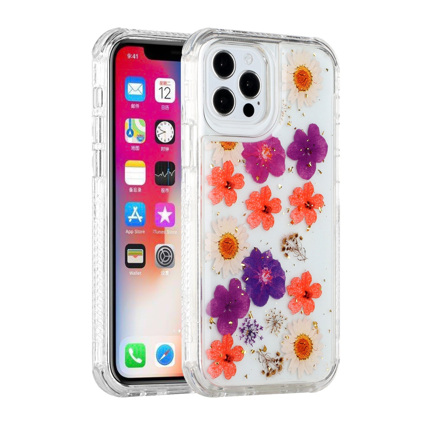 For Apple iPhone 14 Plus (6.7") Sparkle Glitter Floral Epoxy Design Shockproof Hybrid Fashion Bling Rubber TPU Hard  Phone Case Cover