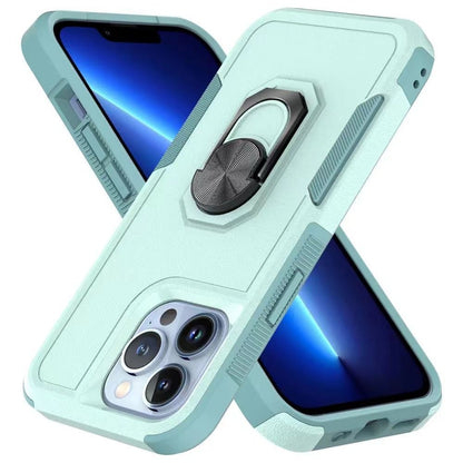 For Apple iPhone 14 (6.1") Hybrid Rugged Hard Drop-Proof 3 Layer Protection Military Grade Armor with Metal Ring Stand  Phone Case Cover