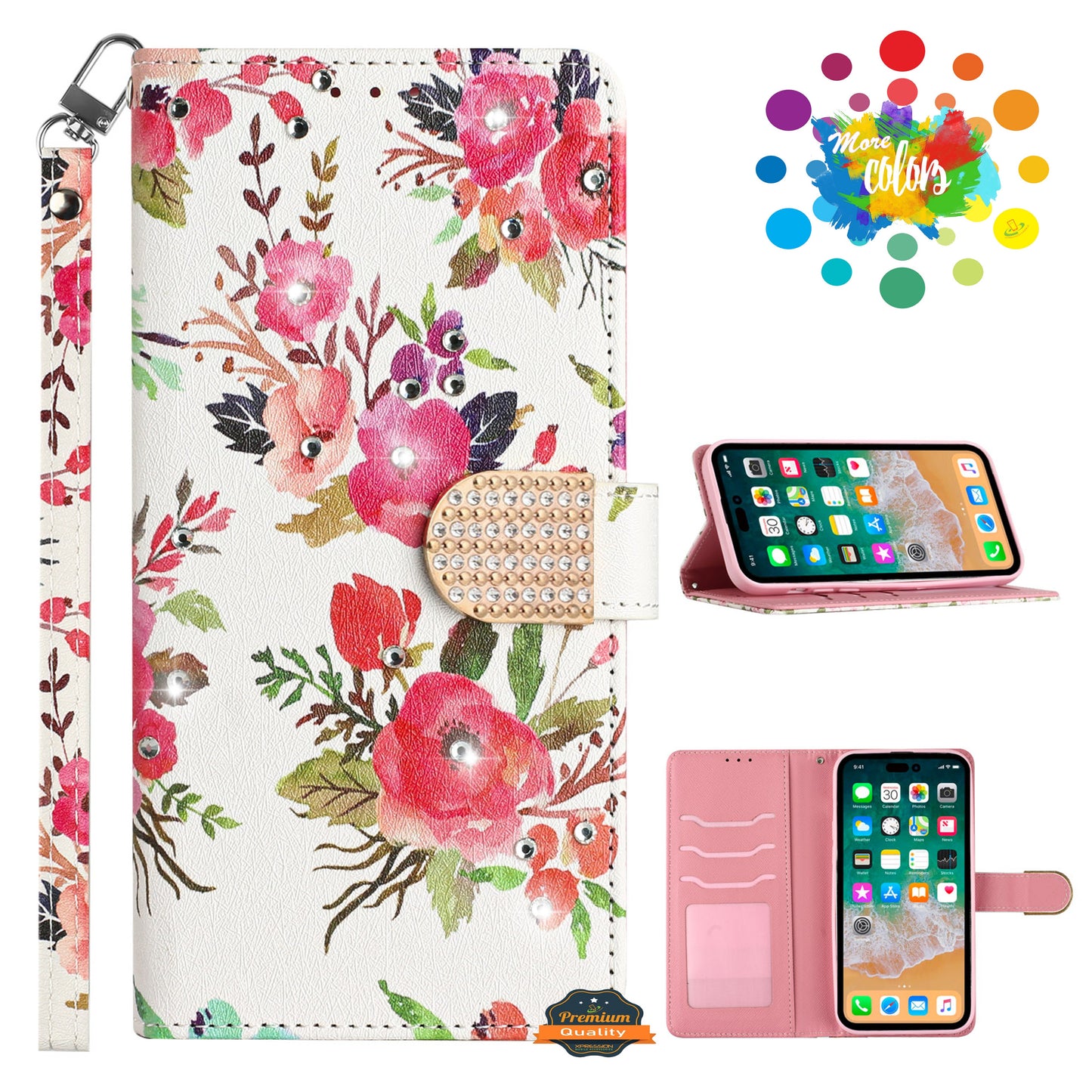 For Apple iPhone 14 (6.1") Fashion Diamond Bling Design Wallet Pouch Card Slots PU Leather With Lanyard  Phone Case Cover