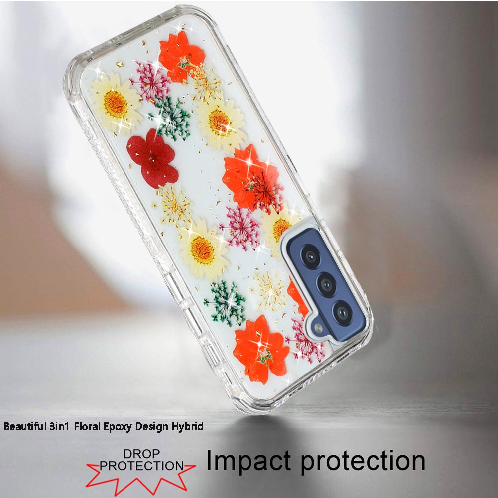 For Samsung Galaxy A23 5G Sparkle Glitter Floral Epoxy Design Shockproof Hybrid Fashion Bling Rubber TPU & Hard PC  Phone Case Cover