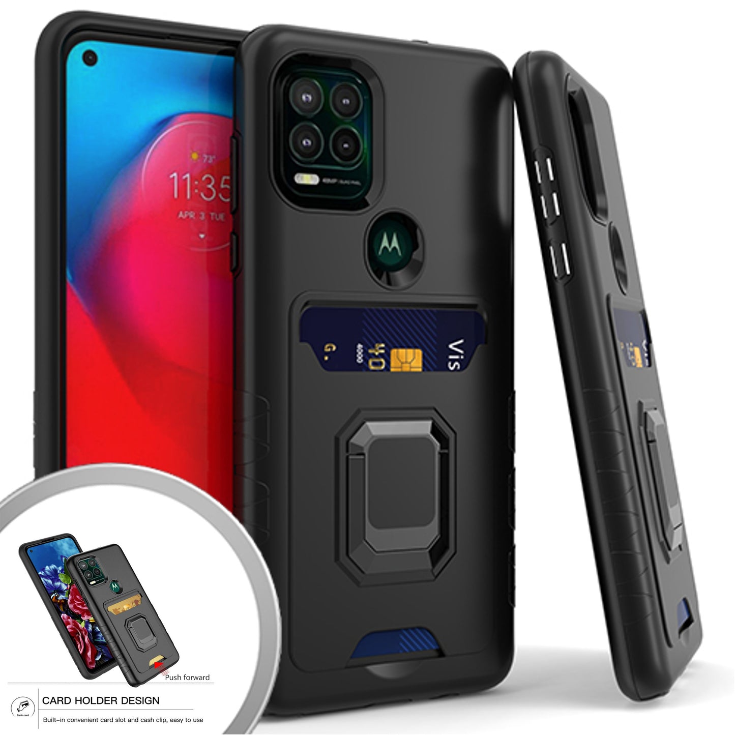 For Apple iPhone 14 (6.1") Wallet Credit Card Slot Holder with Metal Ring Kickstand Hybrid Dual Layer Magnetic Stand  Phone Case Cover