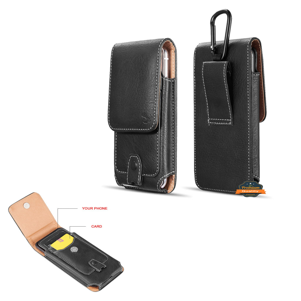 For Nokia C200 Universal Vertical Leather Case Holster with Credit Card Holder, Belt Loop & Carabiner Carrying Phone Pouch [Black]