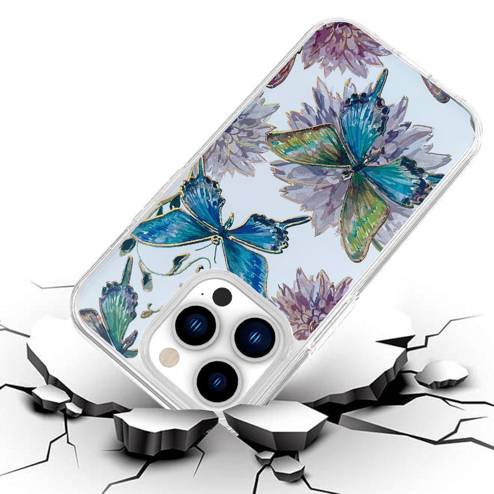 For Apple iPhone 13 Pro Max 6.7" Stylish Gold Layer Printing Design Hybrid Rubber TPU Hard PC Shockproof Rugged Slim Butterfly Floral Phone Case Cover