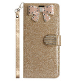 For Apple iPhone 13 Pro Max (6.7") Wallet Bow Glitter Bling Ornament Shimmer with Credit Card Slot Pocket & Lanyard  Phone Case Cover