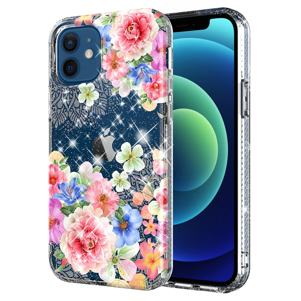For Apple iPhone XR Stylish Slim Hybrid Shiny Glitter Clear Floral Pattern Bloom Flower Design TPU Gel Hard PC Back  Phone Case Cover