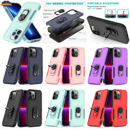 For Apple iPhone 14 (6.1") Hybrid Rugged Hard Drop-Proof 3 Layer Protection Military Grade Armor with Metal Ring Stand  Phone Case Cover