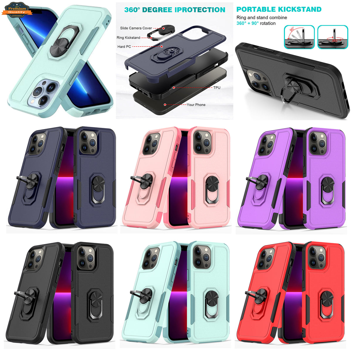 For Apple iPhone 14 Pro Max (6.7") Hybrid Rugged Hard Drop-Proof 3 Layer Protection Military Grade with Metal Ring Stand  Phone Case Cover