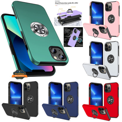 For Apple iPhone 14 /Plus Pro Max Hybrid Military Grade with Flat Metal Ring Stand 360° Rotation Kickstand Hard PC Back  Phone Case Cover