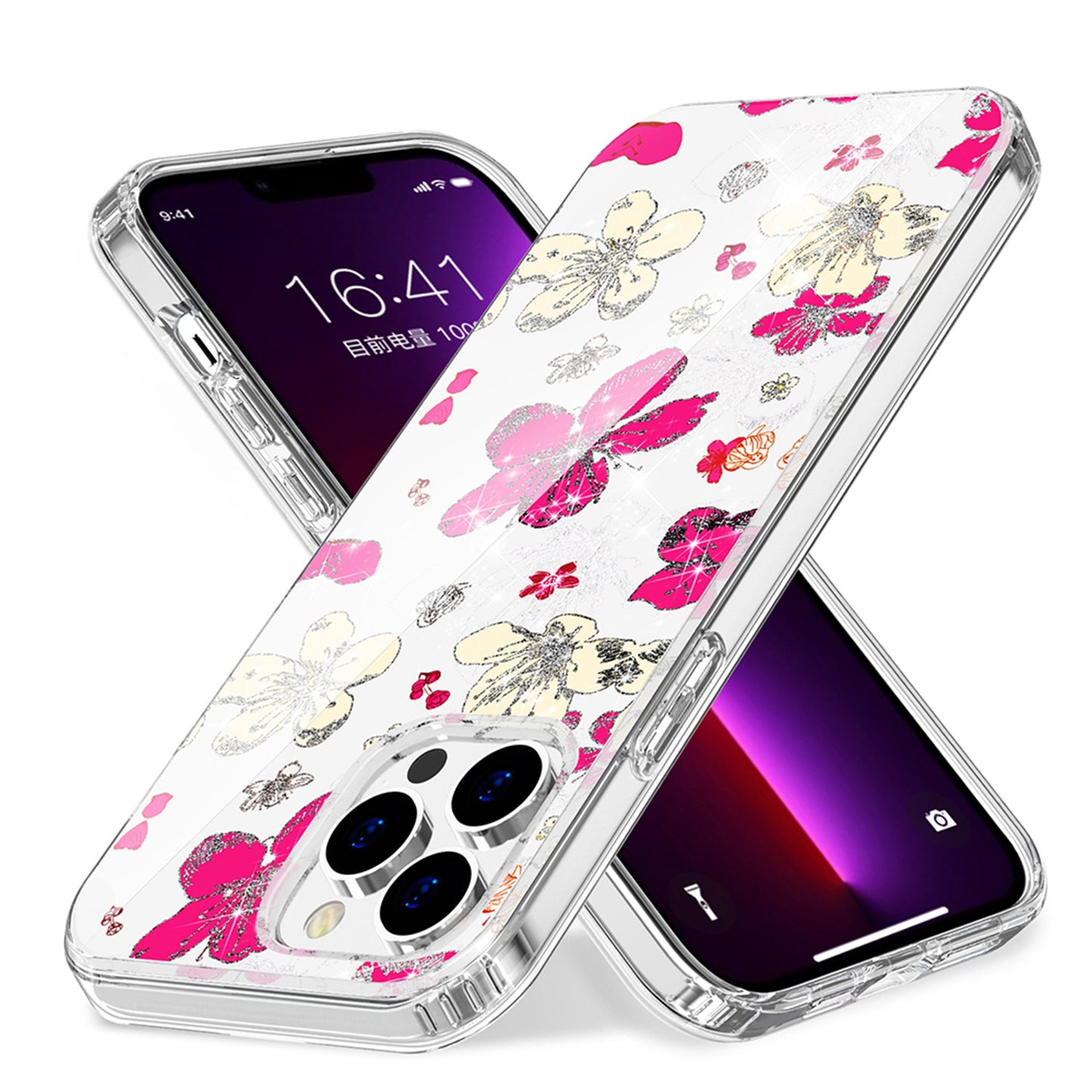 For Apple iPhone 14 Pro Max (6.7") Beautiful Laser Glitter Design Pattern Hybrid Gummy Hard PC TPU Shockproof  Phone Case Cover