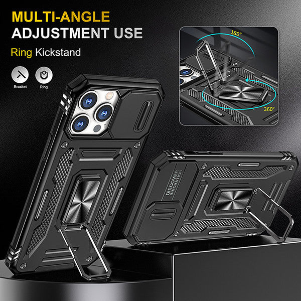 For Apple iPhone 14 /Plus Pro Max Kickstand & Slide Camera Lens Protection + 360° Rotate Ring Stand, Hybrid Shockproof  Phone Case Cover