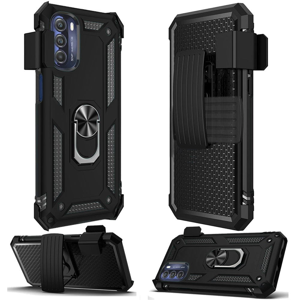 For Motorola Moto G 5G 2022 with Belt Clip Holster Ring Stand Holder, Military Grade Fit for Magnetic Car Mount Hybrid Black Phone Case Cover