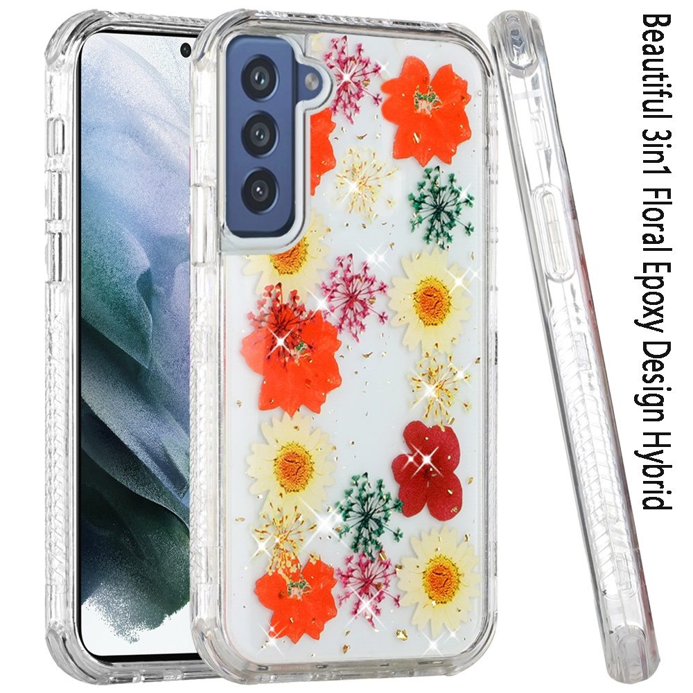 For Samsung Galaxy S22 Ultra Sparkle Glitter Floral Epoxy Design Shockproof Hybrid Fashion Bling Rubber TPU  Phone Case Cover