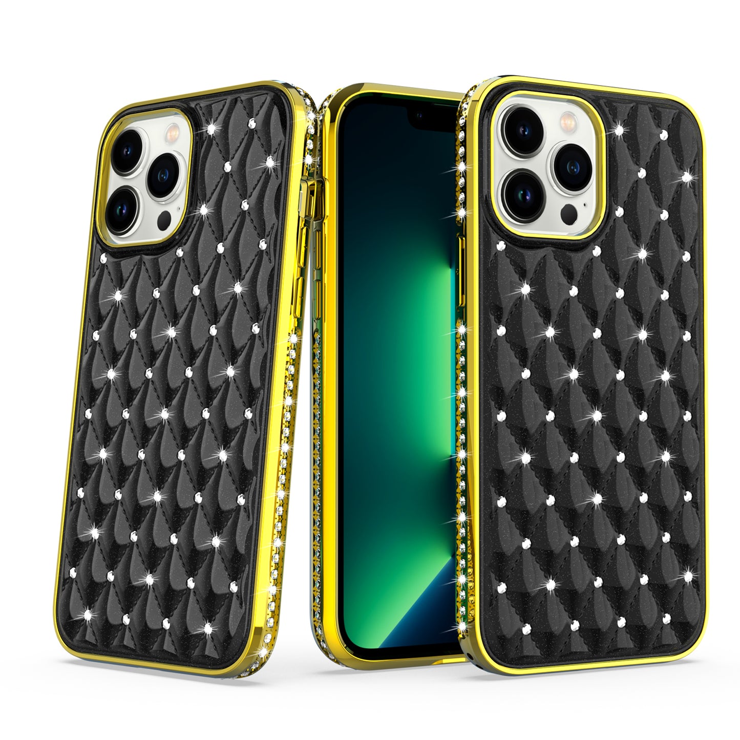 For Apple iPhone 13 Pro Max (6.7") Luxury Chrome Diamonds Rhinestone Thick Shiny Bling Protective Rubber Frame  Phone Case Cover