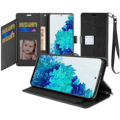 For Samsung Galaxy A13 4G Wallet Case PU Leather Credit Card ID Pocket Cash Holder Slot Dual Flip Pouch Folio Stand, Strap Black Phone Case Cover