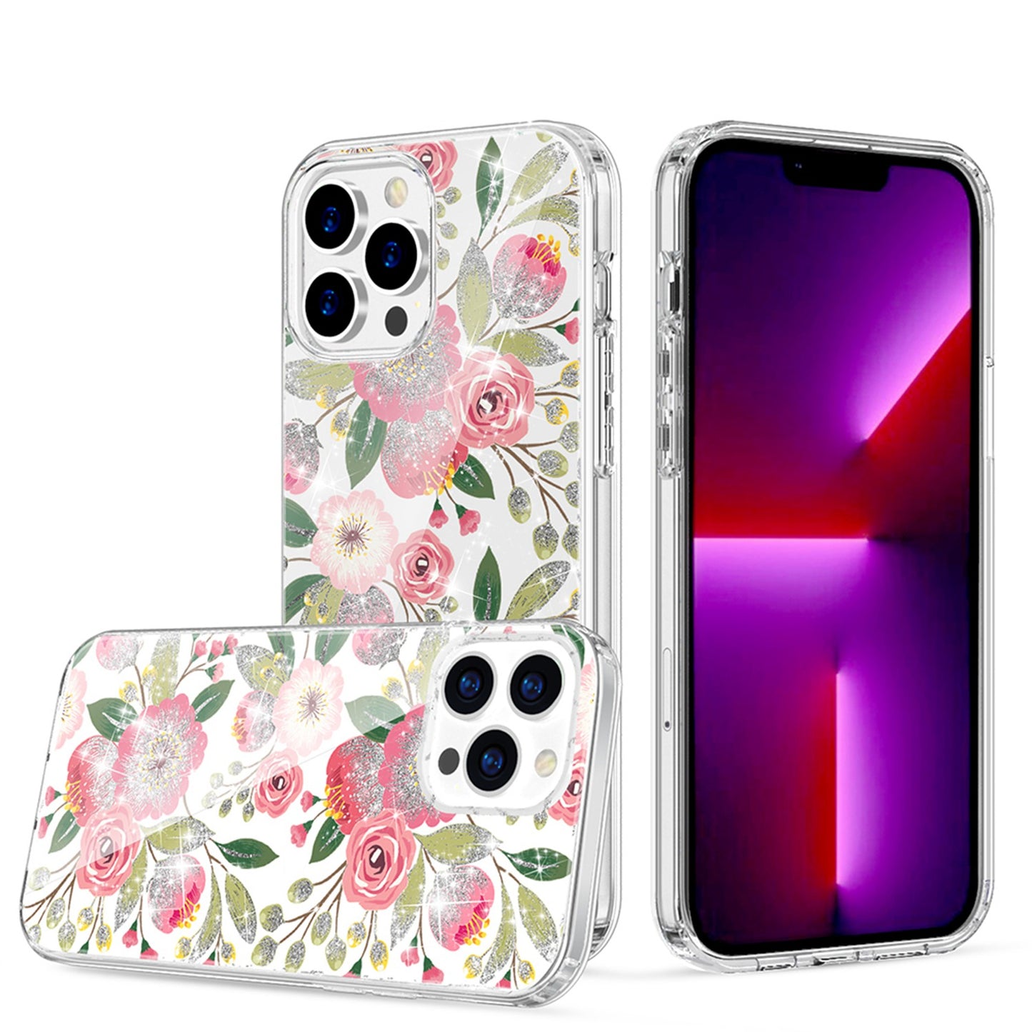 For Apple iPhone 14 Pro Max (6.7") Beautiful Laser Glitter Design Pattern Hybrid Gummy Hard PC TPU Shockproof  Phone Case Cover