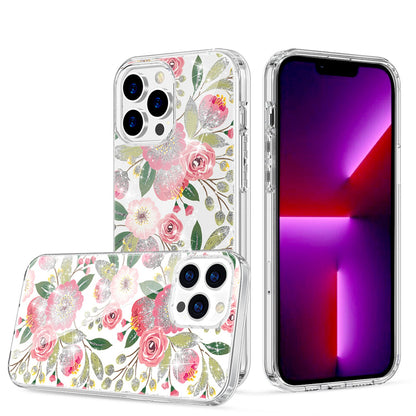 For Apple iPhone 14 Pro Max (6.7") Beautiful Laser Glitter Design Pattern Hybrid Gummy Hard PC TPU Shockproof  Phone Case Cover