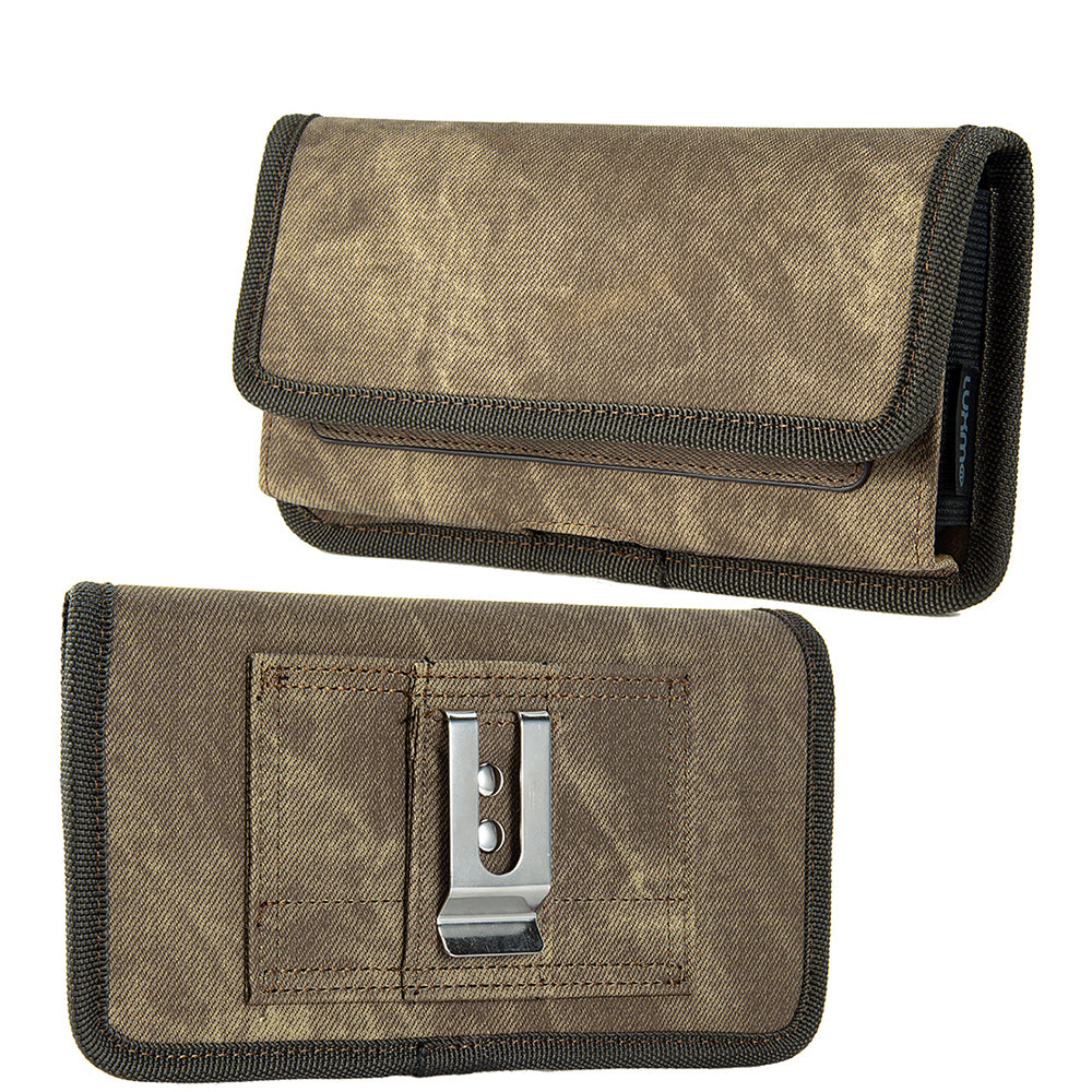 For Samsung Galaxy A23 5G Universal Horizontal Cell Phone Case Fabric Holster Carrying Pouch with Belt Clip and 2 Card Slots fit XLarge Devices [Brown Denim]