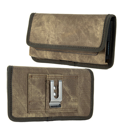 For Samsung Galaxy A23 5G Universal Horizontal Cell Phone Case Fabric Holster Carrying Pouch with Belt Clip and 2 Card Slots fit XLarge Devices [Brown Denim]