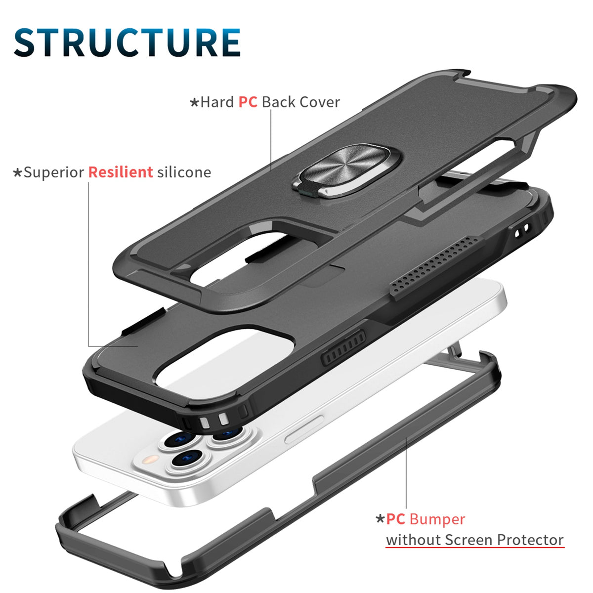 For Apple iPhone 14 (6.1") Heavy Duty 3in1 Magnetic Ring Kickstand Hybrid Shockproof Military-Grade Drop Protection  Phone Case Cover