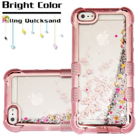 For Apple iPhone 5s/5 / SE Quicksand Liquid Glitter Bling Hybrid Image Flowing Sparkle Protector Skin Spring Flowers Phone Case Cover