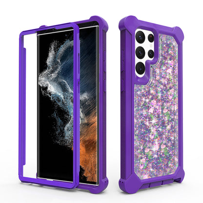 For Samsung Galaxy S22 Ultra Luxury Liquid Glitter 3in1 Sparkle Bling Quicksand Clear Heavy Duty Bumper PC Frame TPU Back  Phone Case Cover