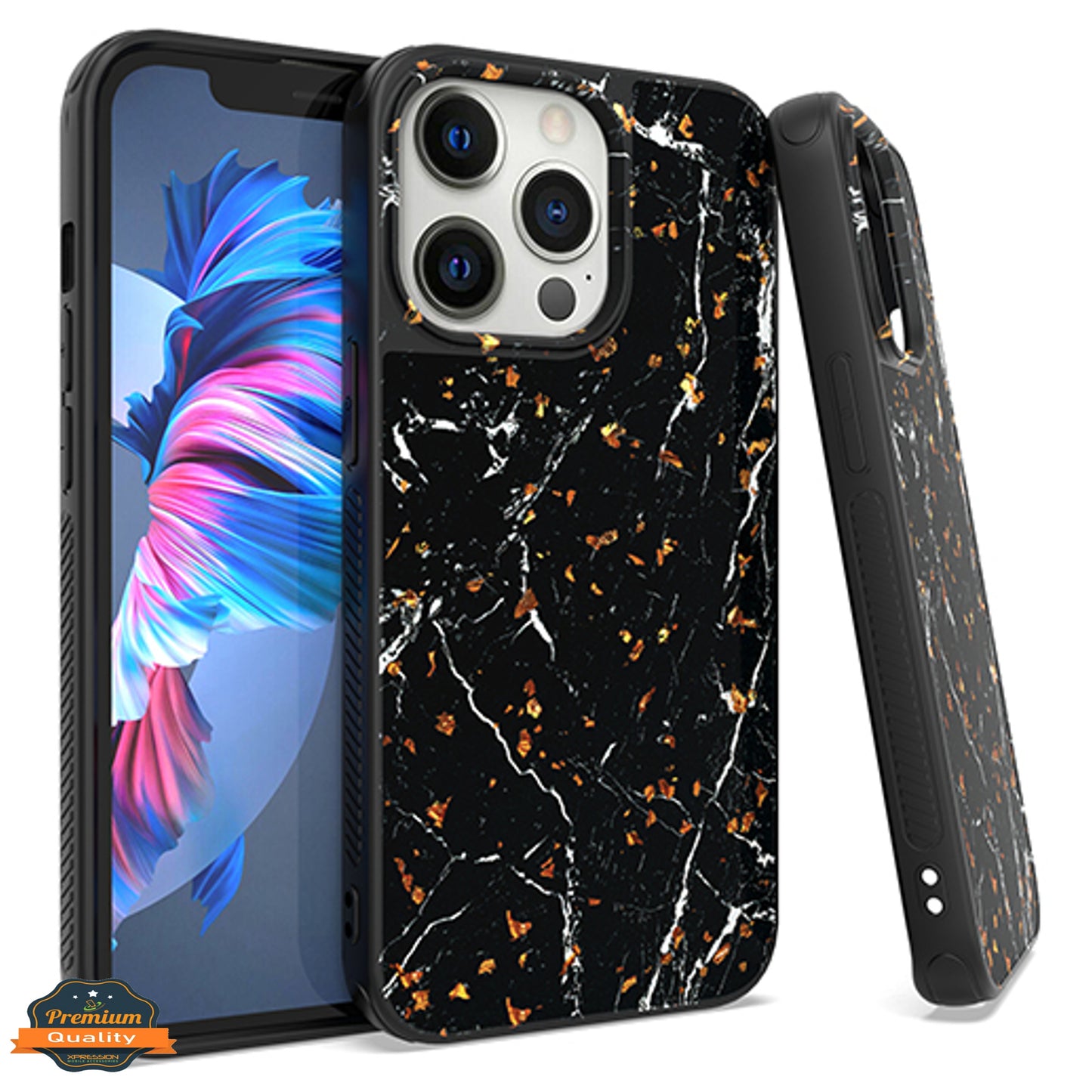 For Apple iPhone 14 (6.1") Marble Fashion Stone Stylish Flake Glitter Bling Hybrid Glossy TPU Rubber Hard PC Protection  Phone Case Cover