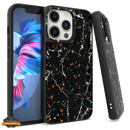 For Apple iPhone 14 (6.1") Marble Fashion Stone Stylish Flake Glitter Bling Hybrid Glossy TPU Rubber Hard PC Protection  Phone Case Cover