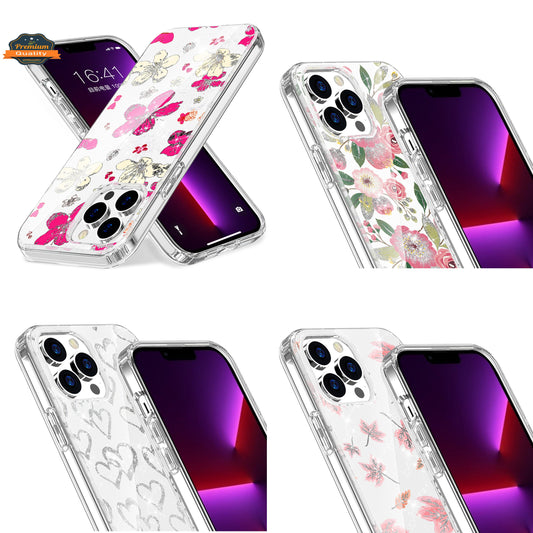 For Apple iPhone 14 Pro Max (6.7") Beautiful Laser Glitter Design Pattern Hybrid Gummy Hard PC TPU Shockproof  Phone Case Cover