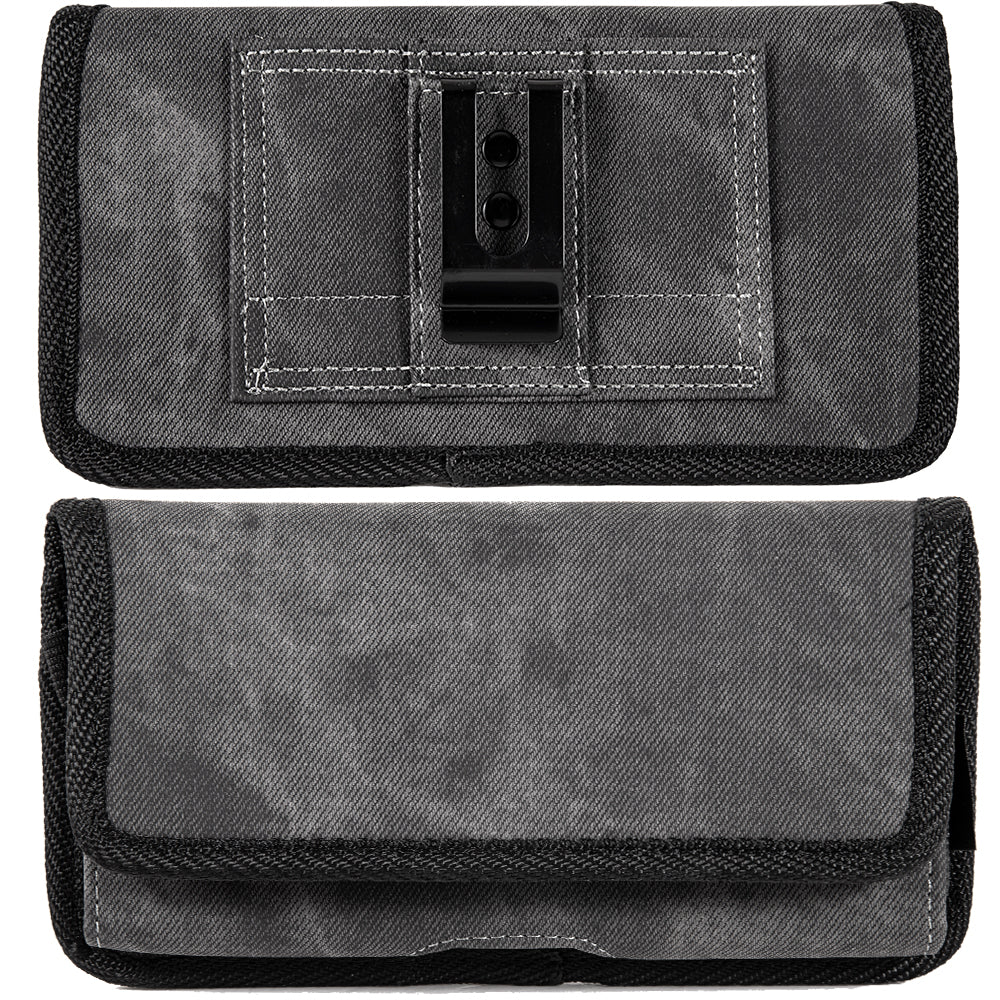 For Samsung Galaxy A72 5G Universal Horizontal Cell Phone Case Fabric Holster Carrying Pouch with Belt Clip and 2 Card Slots fit Large Devices 6.3" [Black Denim]
