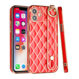 For Apple iPhone 11 (6.1") Chromed Grid Design with Strap Holder Fashion Hybrid Rubber TPU Hard PC Slim Fit  Phone Case Cover
