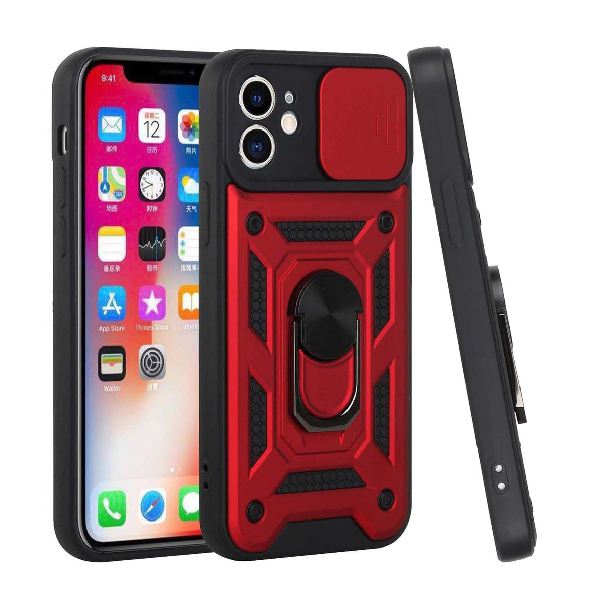 For Apple iPhone 14 Pro (6.1") Hybrid Cases with Slide Camera Lens Cover, Ring Holder Kickstand Rugged Dual Layer  Phone Case Cover