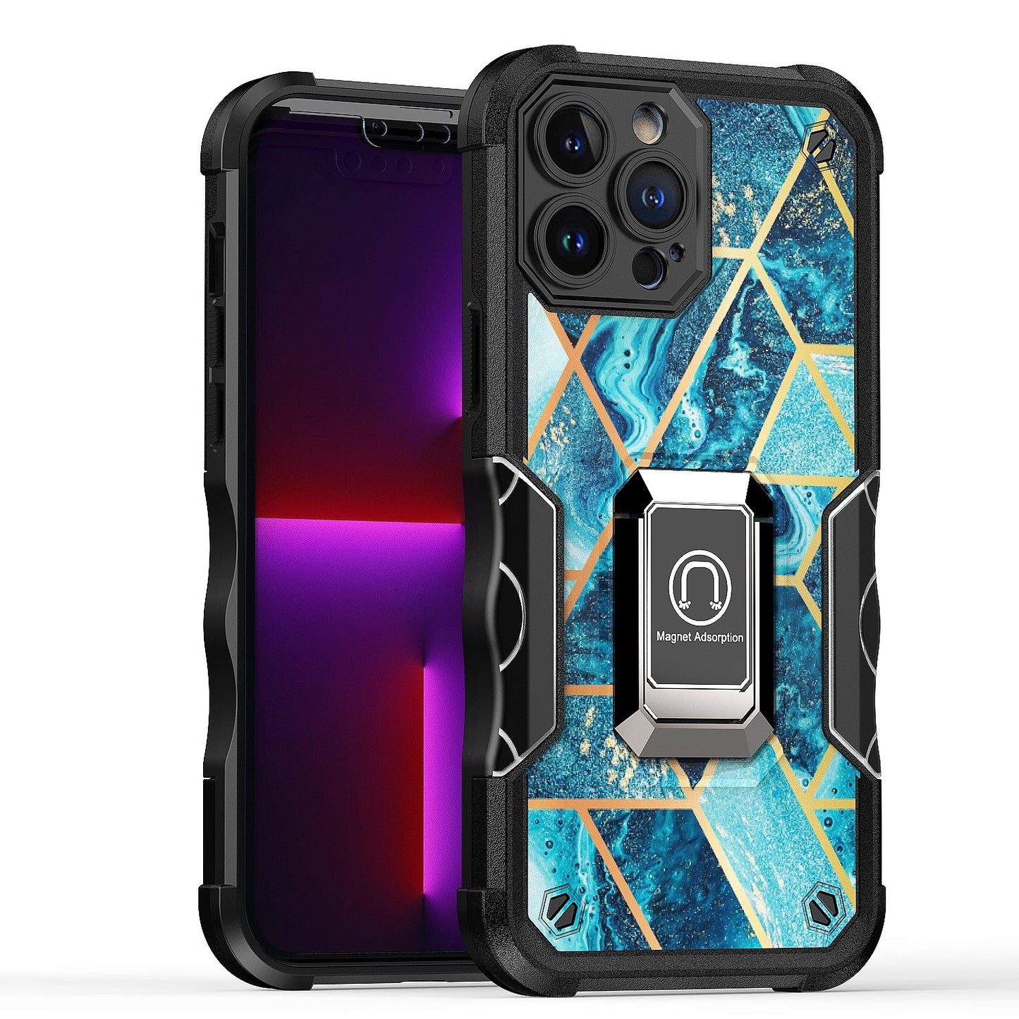 For Apple iPhone 14 Plus (6.7") Marble IMD Stone Design Hybrid Armor Magnetic Ring Stand Kickstand Heavy Duty Rugged  Phone Case Cover