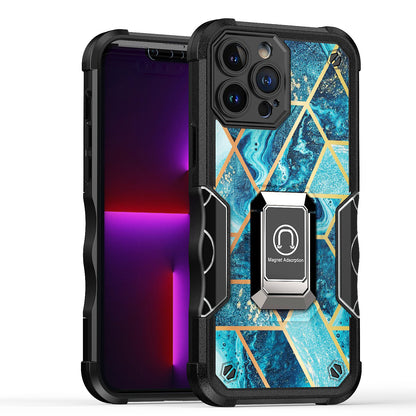For Apple iPhone 14 Pro Max (6.7") Marble IMD Stone Design Hybrid Magnetic Ring Stand Kickstand Heavy Duty Rugged  Phone Case Cover