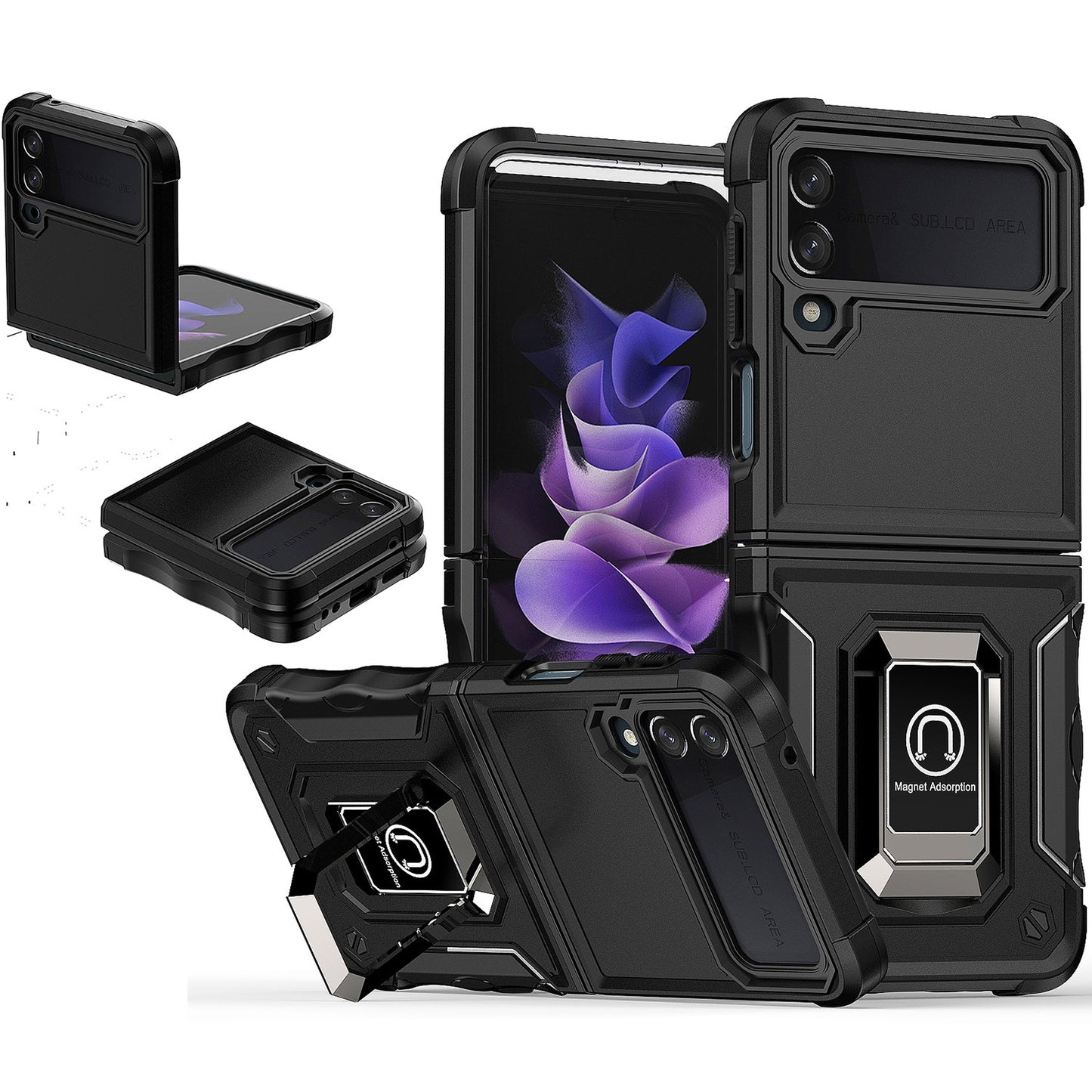 For Samsung Galaxy Z Flip 4 5G Hybrid Cases with Magnetic Ring Holder Kickstand Heavy Duty Rugged Silicone Shockproof  Phone Case Cover