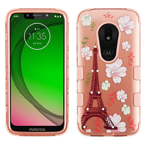 For Motorola Moto G7 Play Bling Hybrid Three Layer Hard PC Shockproof Heavy Duty TPU Rubber Anti-Drop Eiffel Tower in the Season of Blooming 2D Phone Case Cover
