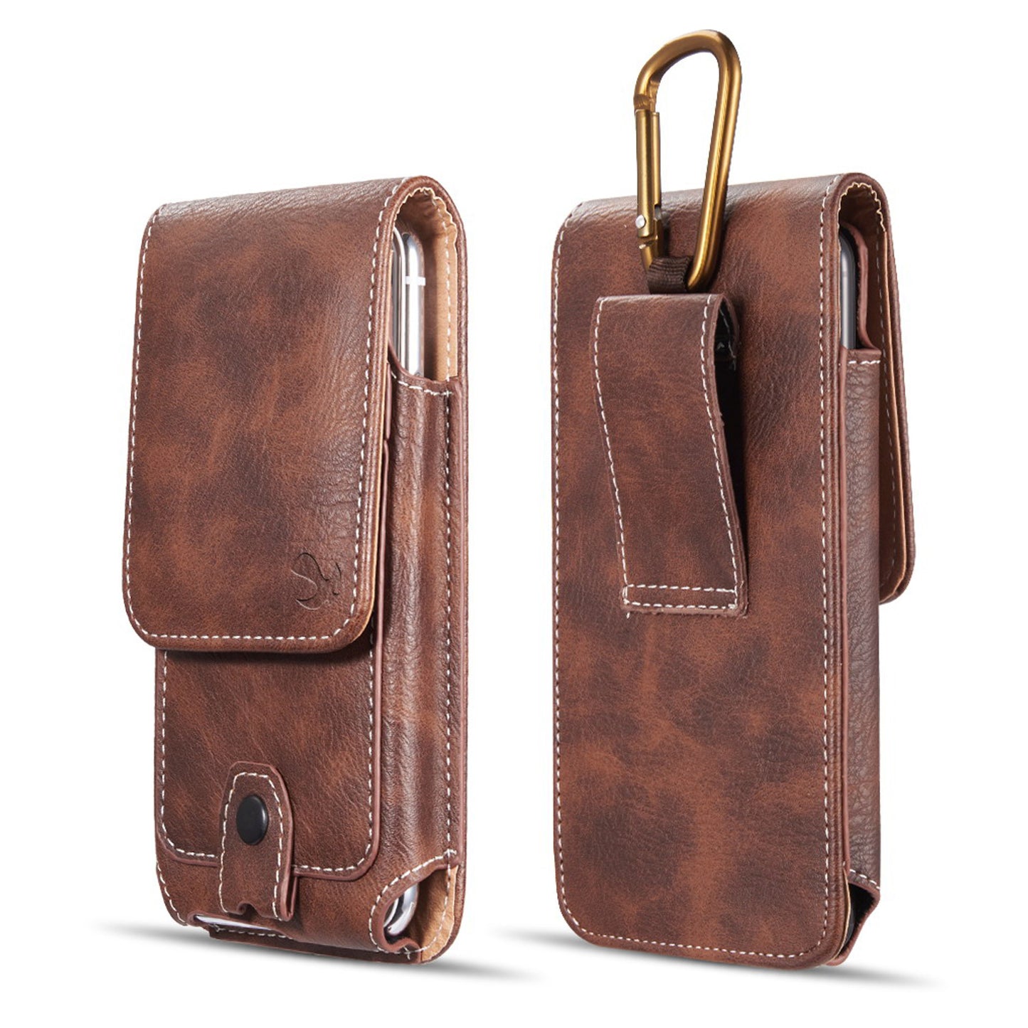 For Nokia C200 Universal Vertical Leather Case Holster with Credit Card Holder, Belt Loop & Carabiner Carrying Phone Pouch [Brown]