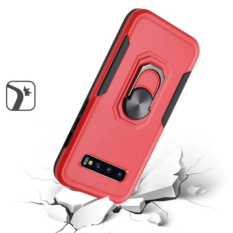 For Samsung Galaxy S10+ Plus Hybrid Tough Strong Dual Layer Hard PC TPU with Flat Magnetic Ring Stand Heavy-Duty Armor Red Phone Case Cover